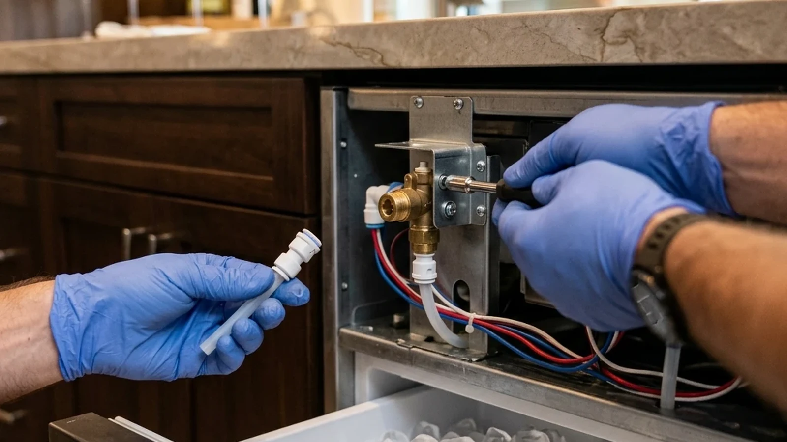 Gloved hands fitting a water line to the valve of a Sub-Zero unit in an Anthem home
