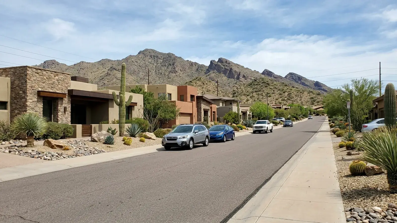 Desert street of modern homes below the mountains in Grayhawk