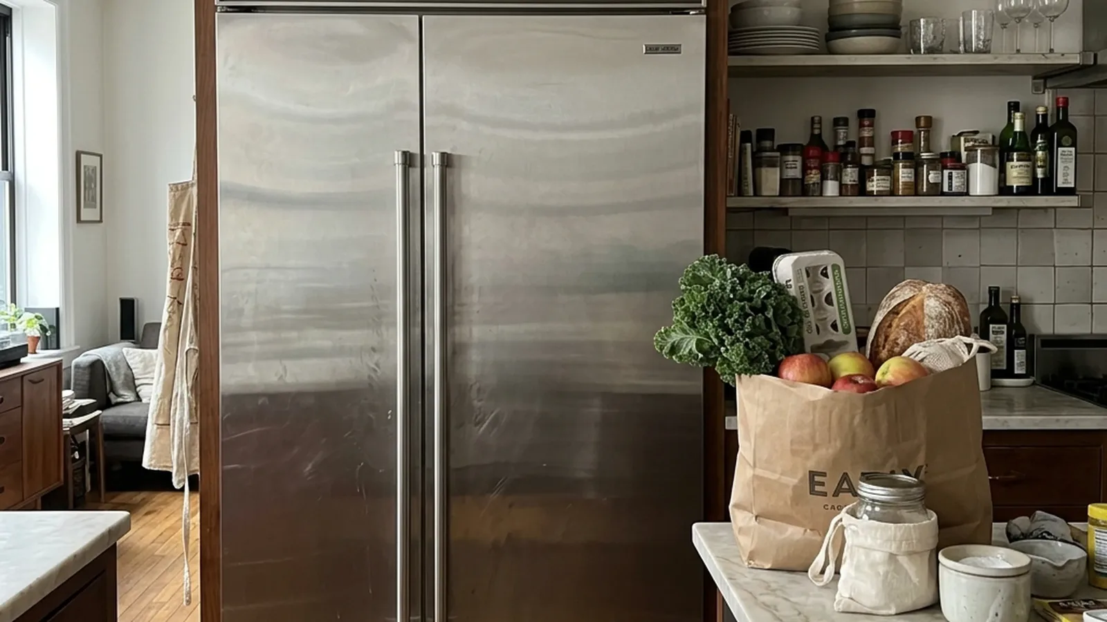 Built-in stainless Sub-Zero refrigerator beside a bag of fresh groceries in a McCormick Ranch kitchen