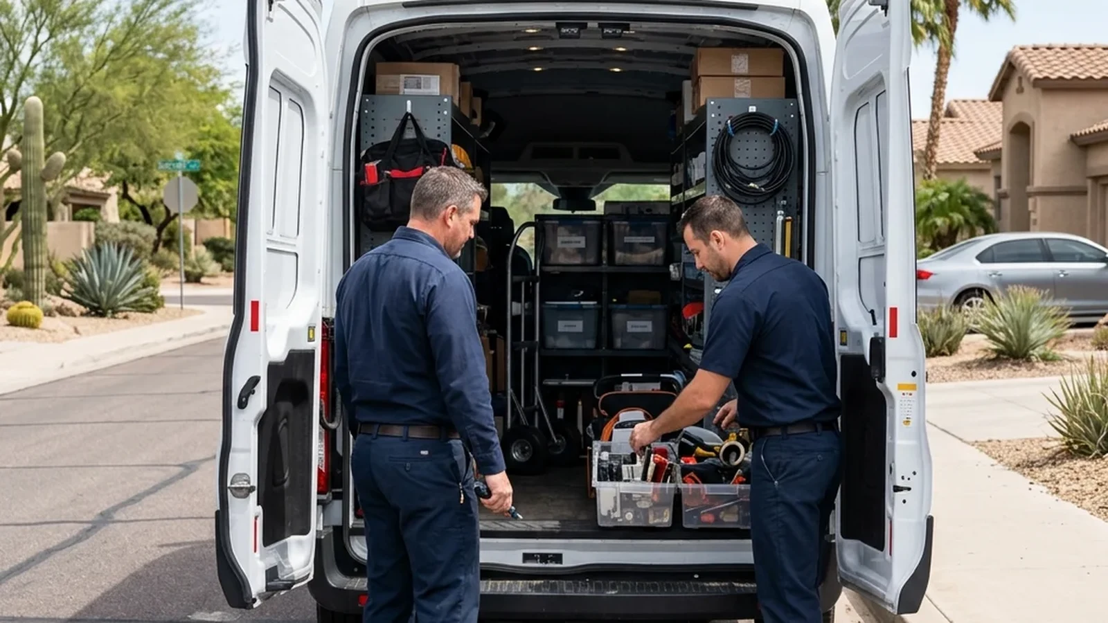 Two technicians unloading parts from a service van on a McDowell Mountain Ranch street