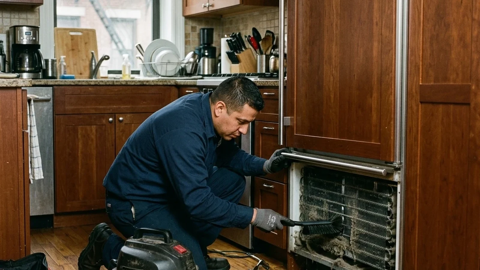Technician working at the base of a panel-ready Sub-Zero fridge door in a Paradise Valley kitchen