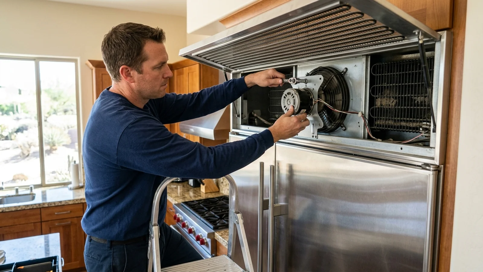 Certified technician repairing a Sub-Zero built-in refrigerator control board in a Scottsdale kitchen